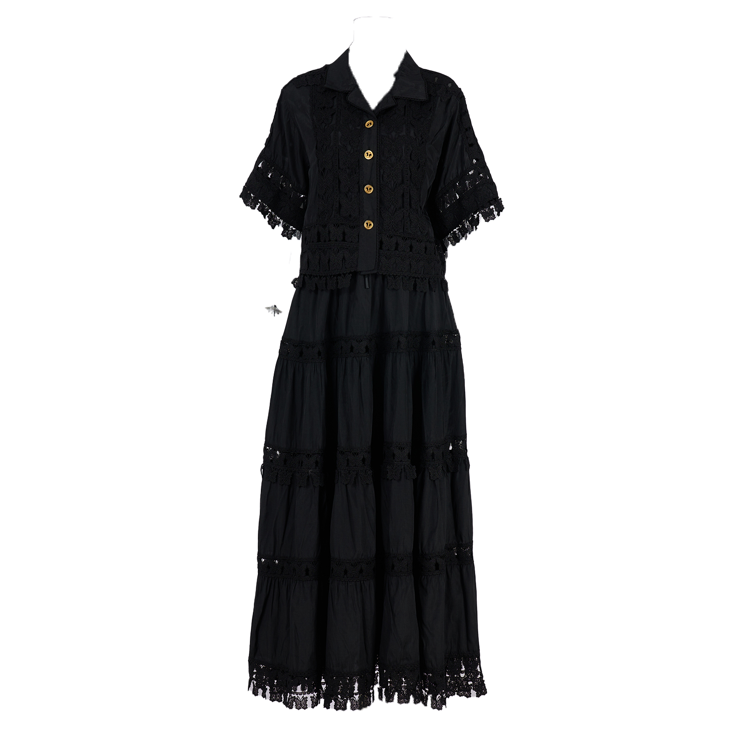 Real shot French retro summer new style lapel embroidered lace long shirt+skirt set for women Real shot French retro summer new style lapel embroidered lace long shirt+skirt set for women