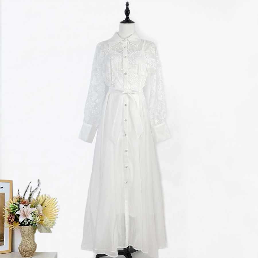 Real shot of European and American retro flower embroidery lace splicing lapel waist cinching lace up dress long skirt+suspender