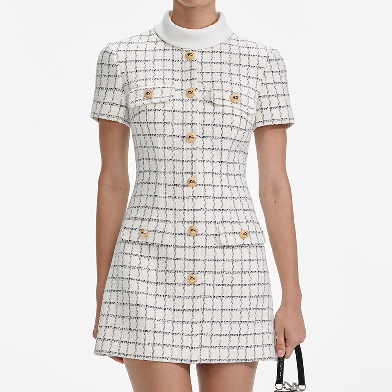 Australian fashion brand socialite style dress with a high-end feel 2025 new style plaid contrasting color stand up collar slim fit dress