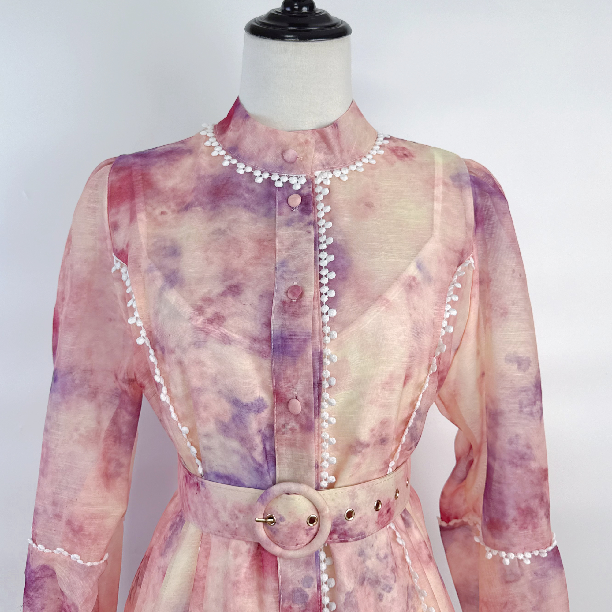 Realistic Australian Elegant Design Lace Bordered Printed Buckle Lantern Long Sleeve Loose Temperament Dress Autumn Realistic Australian Elegant Design Lace Bordered Printed Buckle Lantern Long Sleeve Loose Temperament Dress Autumn