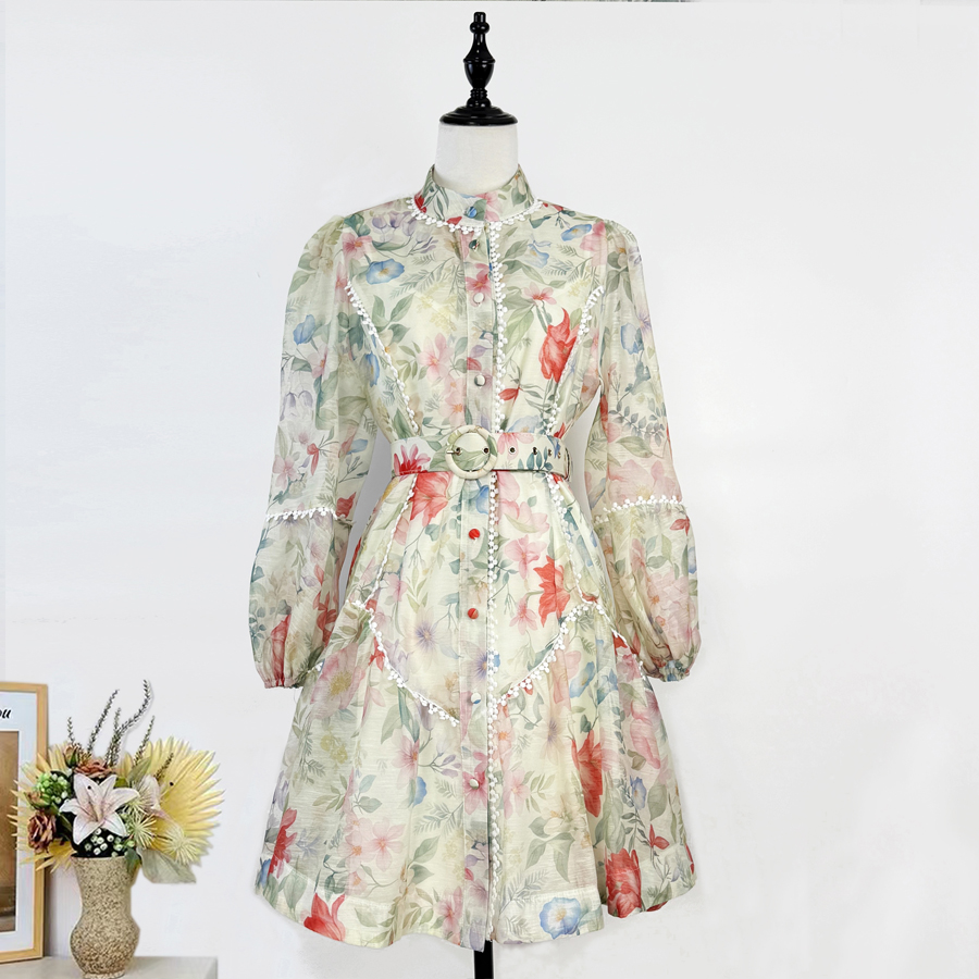 Realistic Australian Elegant Design Lace Bordered Printed Buckle Lantern Long Sleeve Loose Temperament Dress Autumn Realistic Australian Elegant Design Lace Bordered Printed Buckle Lantern Long Sleeve Loose Temperament Dress Autumn
