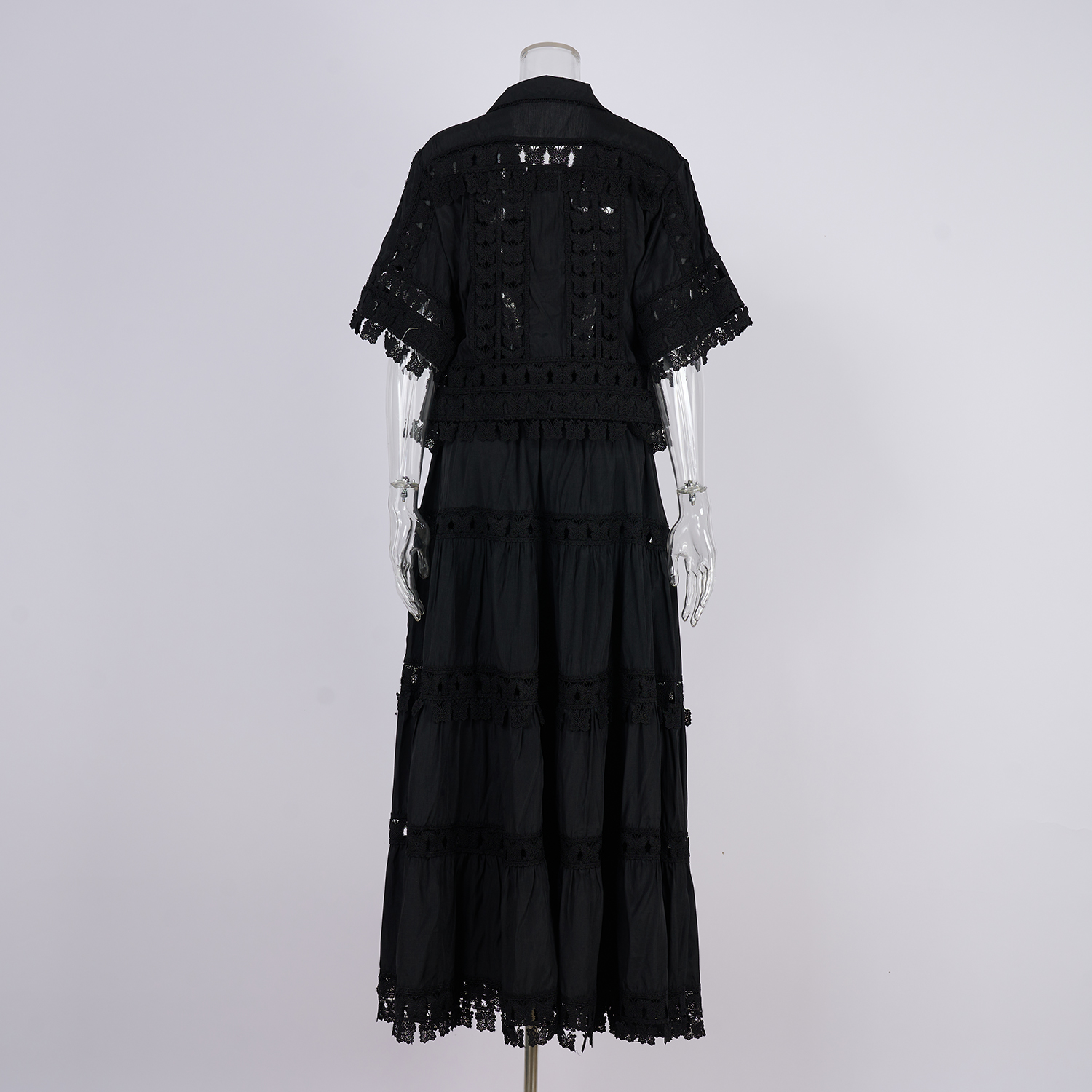 Real shot French retro summer new style lapel embroidered lace long shirt+skirt set for women Real shot French retro summer new style lapel embroidered lace long shirt+skirt set for women