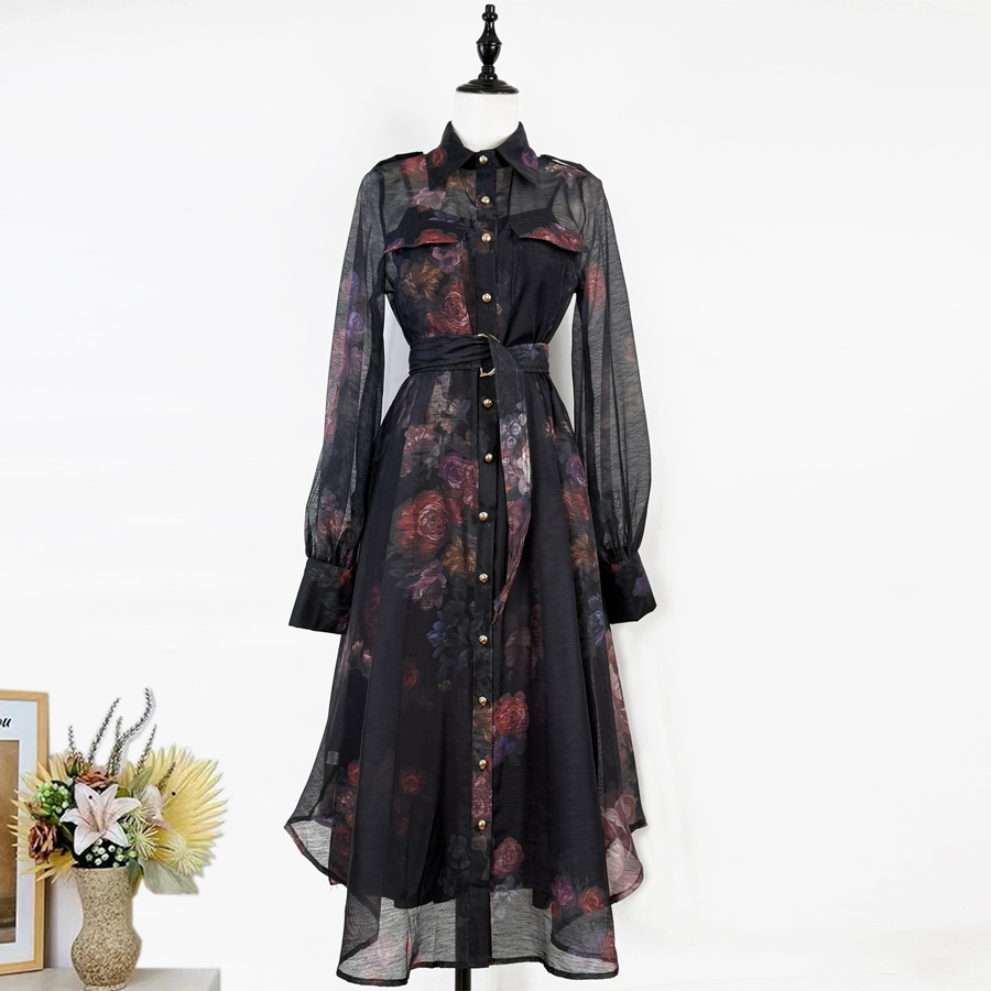 Real shot of Australian light luxury niche design, heavy printing, medium to long length dress, single breasted lapel shirt skirt for women