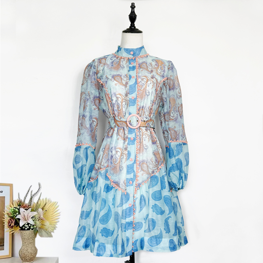 Realistic Australian Elegant Design Lace Bordered Printed Buckle Lantern Long Sleeve Loose Temperament Dress Autumn Realistic Australian Elegant Design Lace Bordered Printed Buckle Lantern Long Sleeve Loose Temperament Dress Autumn