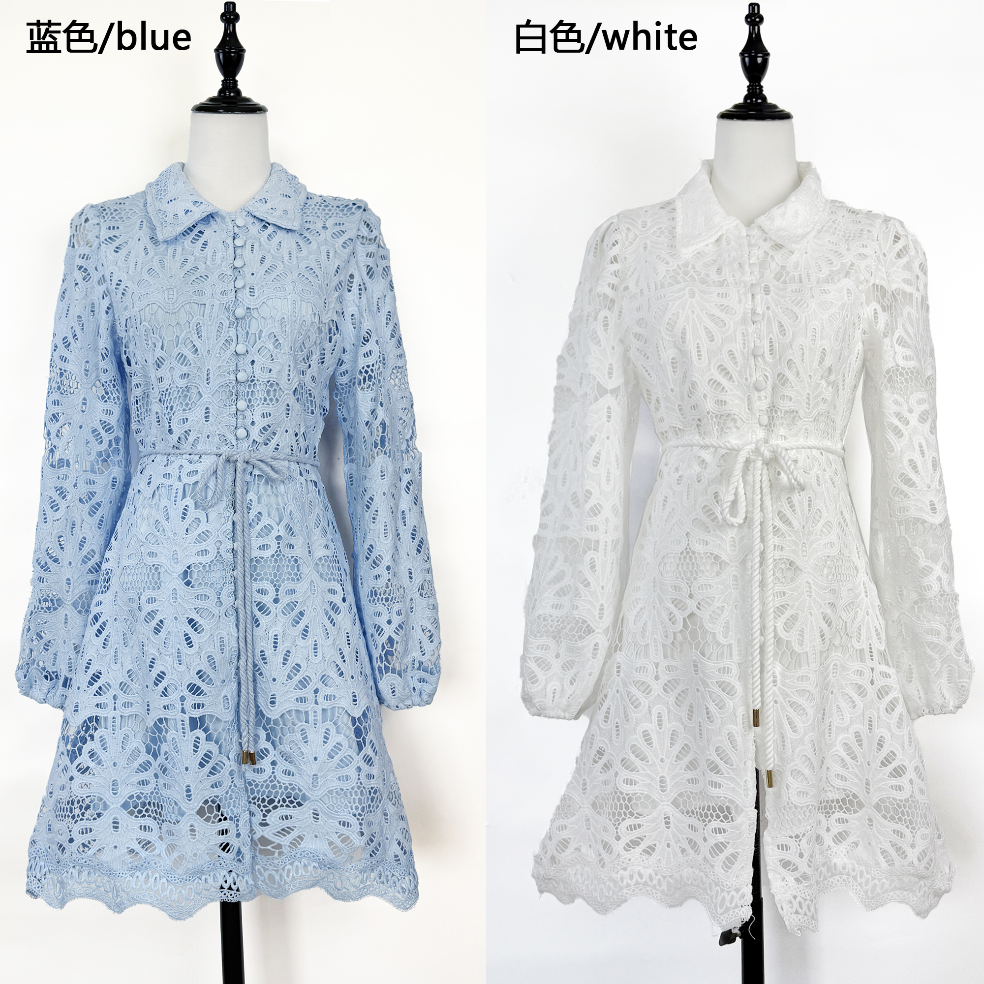 Realistic shooting of European and American style women's clothing 2026 early spring new long sleeved waist cinched dress with lace hook and flower single breasted slim fit Realistic shooting of European and American style women's clothing 2026 early spring new long sleeved waist cinched dress with lace hook and flower single breasted slim fit