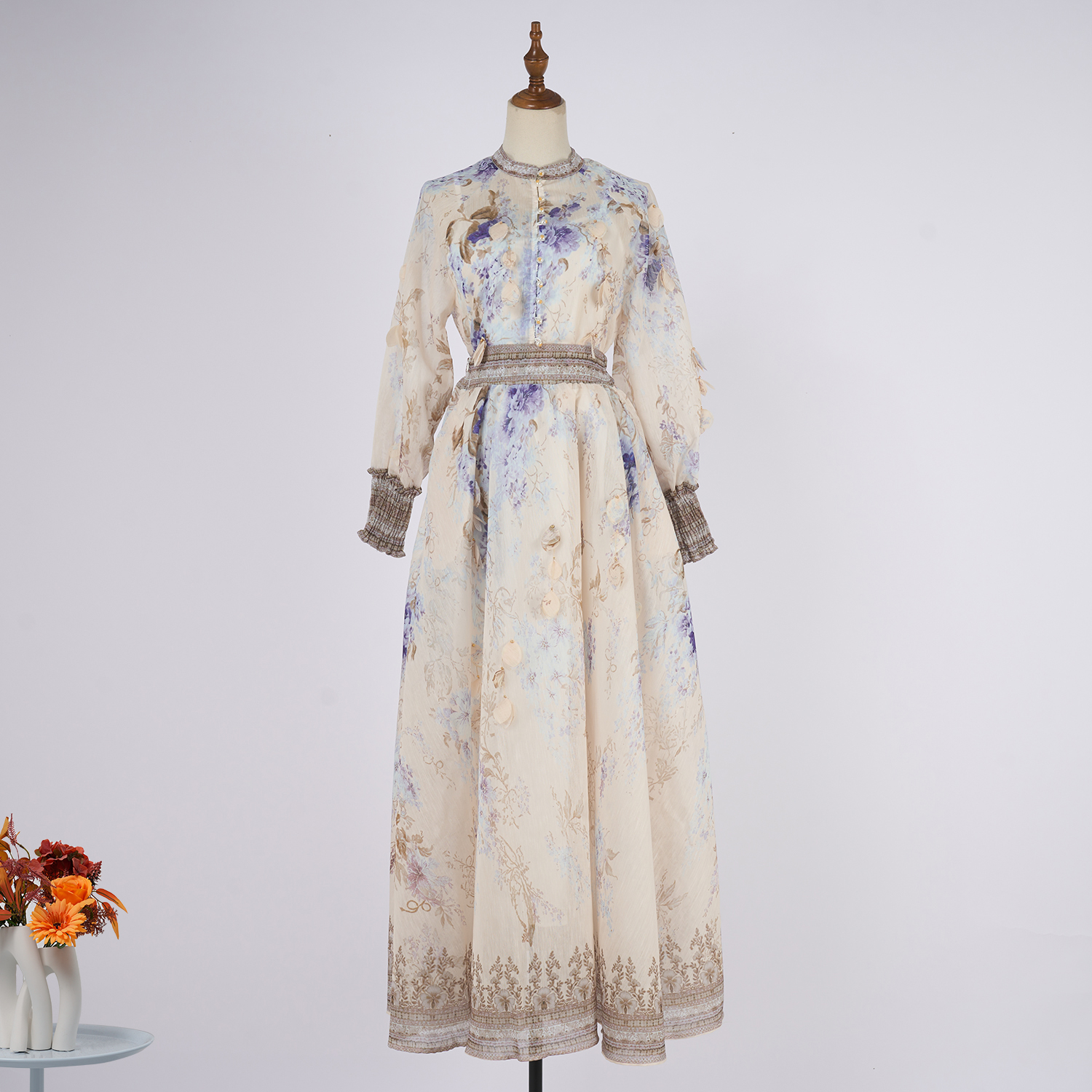 Real shooting new floral print women's shirt+waist cinching slimming A-line skirt set