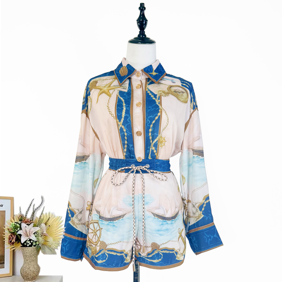 Real shot Australian niche blue nautical print long sleeved shirt shorts fashionable casual set two-piece set