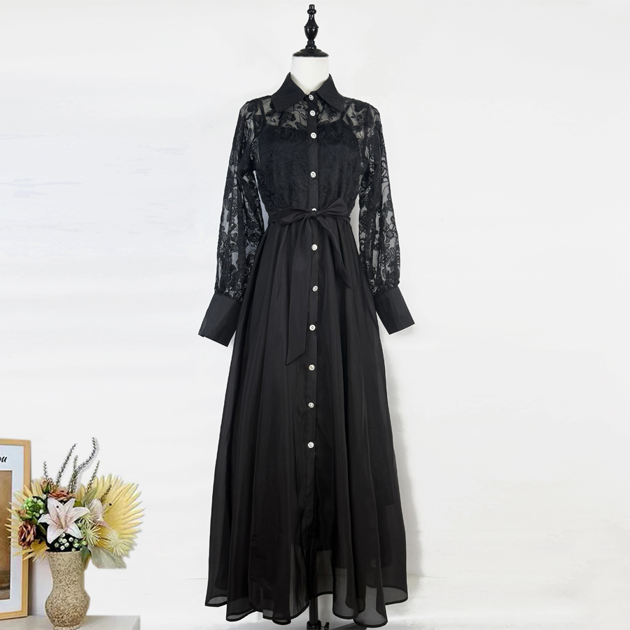 Real shot French retro lace embroidered lapel lantern sleeve dress with single breasted button and waist cinching for slimming effect, big swing skirt