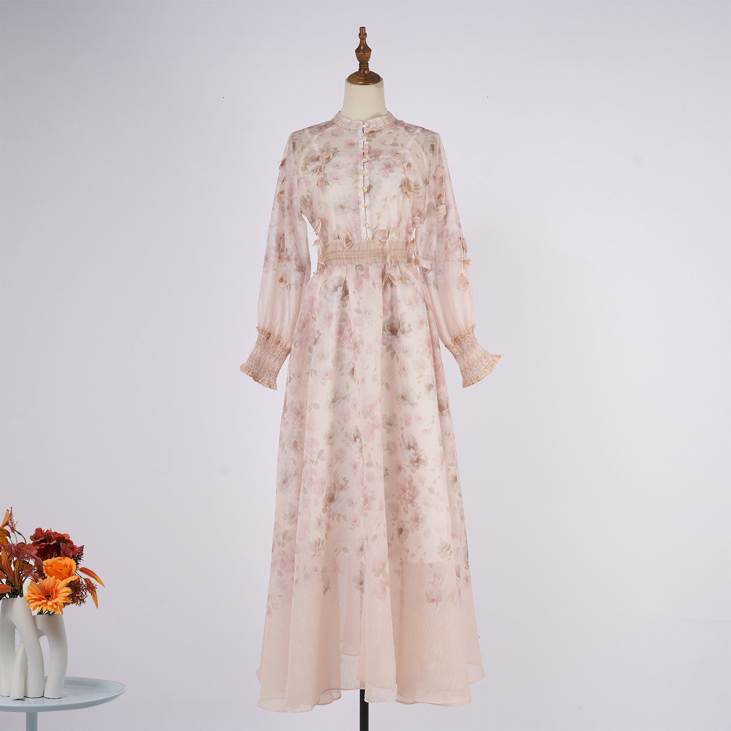 Real shooting new floral print women's shirt+waist cinching slimming A-line skirt set