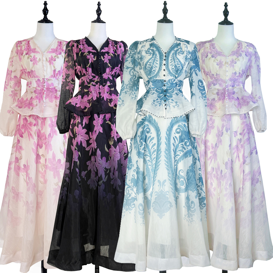 Real shot Australian runway style V-neck nail bead ruffle top+high waist super large swing long skirt set skirt