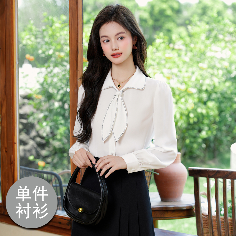 Fashionable Western style bow tie shirt for women 2025 early autumn new style, simple temperament, casual versatile commuting long sleeved shirt Fashionable Western style bow tie shirt for women 2025 early autumn new style, simple temperament, casual versatile commuting long sleeved shirt