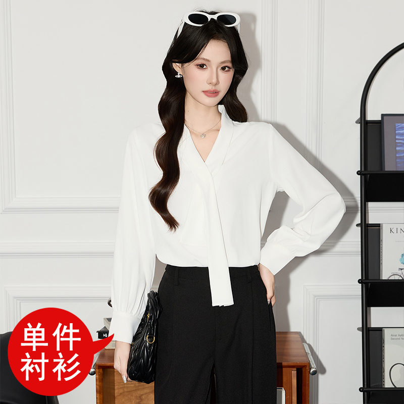 Temperament V-neck ribbon shirt for women in autumn 2025, new casual and versatile OL fashion, simple and stylish long sleeved shirt Temperament V-neck ribbon shirt for women in autumn 2025, new casual and versatile OL fashion, simple and stylish long sleeved shirt