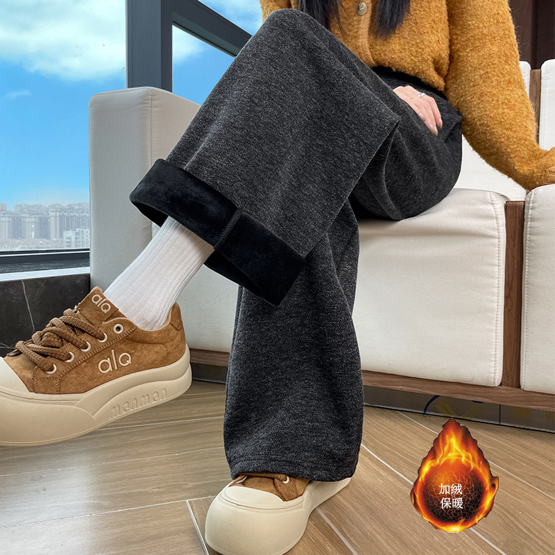 Woolen wide leg pants for women in autumn and winter 2025, fashionable and simple temperament, versatile for commuting, with thick velvet and warm casual pants Woolen wide leg pants for women in autumn and winter 2025, fashionable and simple temperament, versatile for commuting, with thick velvet and warm casual pants