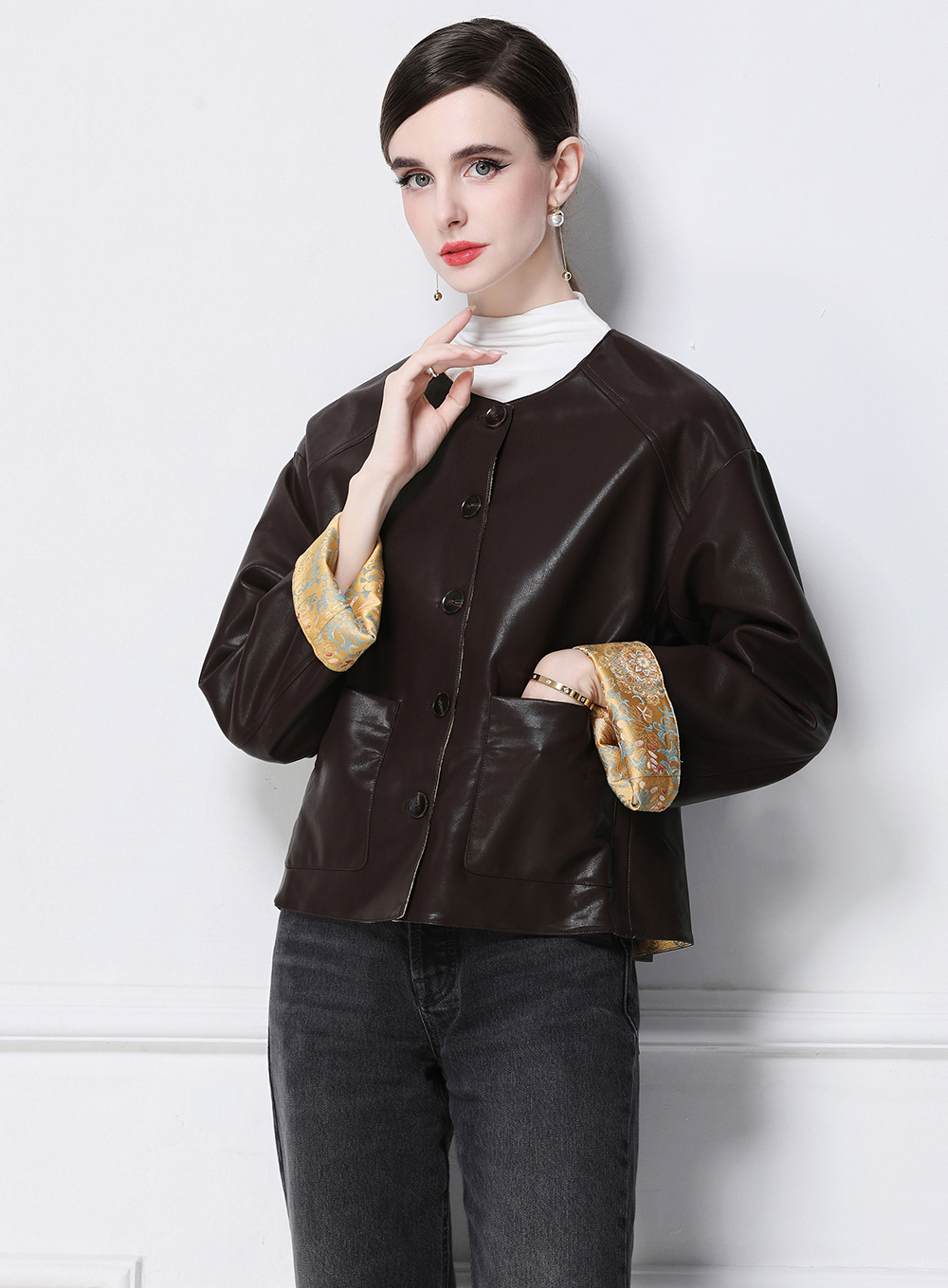 Realistic photo of retro PU leather double-sided wearable jacket for European station 903