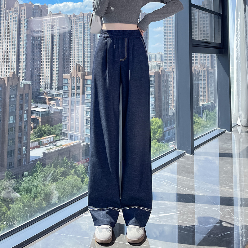 Imitation denim wide leg pants for women, 2025 early autumn new style, fashionable and simple temperament, design sense, niche casual versatile pants