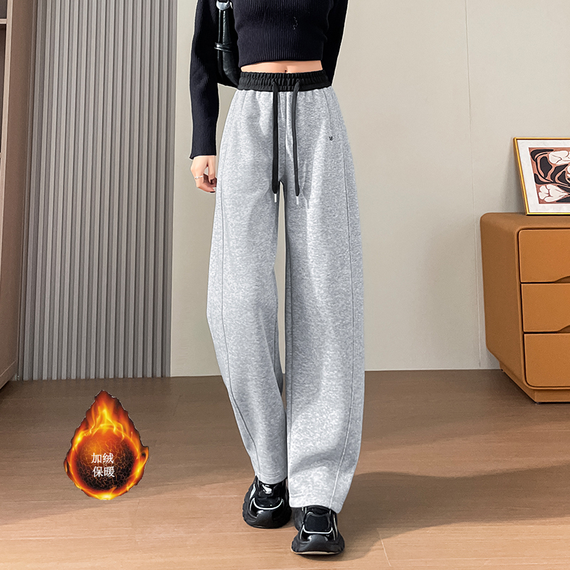 Women's winter new style of warm and elastic waisted sports pants with added velvet and thickening, simple and capable temperament, versatile wide leg pants for commuting Women's winter new style of warm and elastic waisted sports pants with added velvet and thickening, simple and capable temperament, versatile wide leg pants for commuting