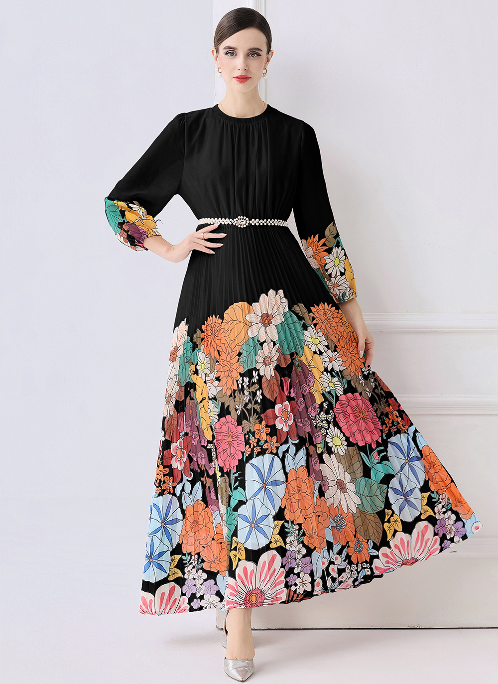 Real time shooting of European and American fashionable pleated long hem printed dress Real time shooting of European and American fashionable pleated long hem printed dress