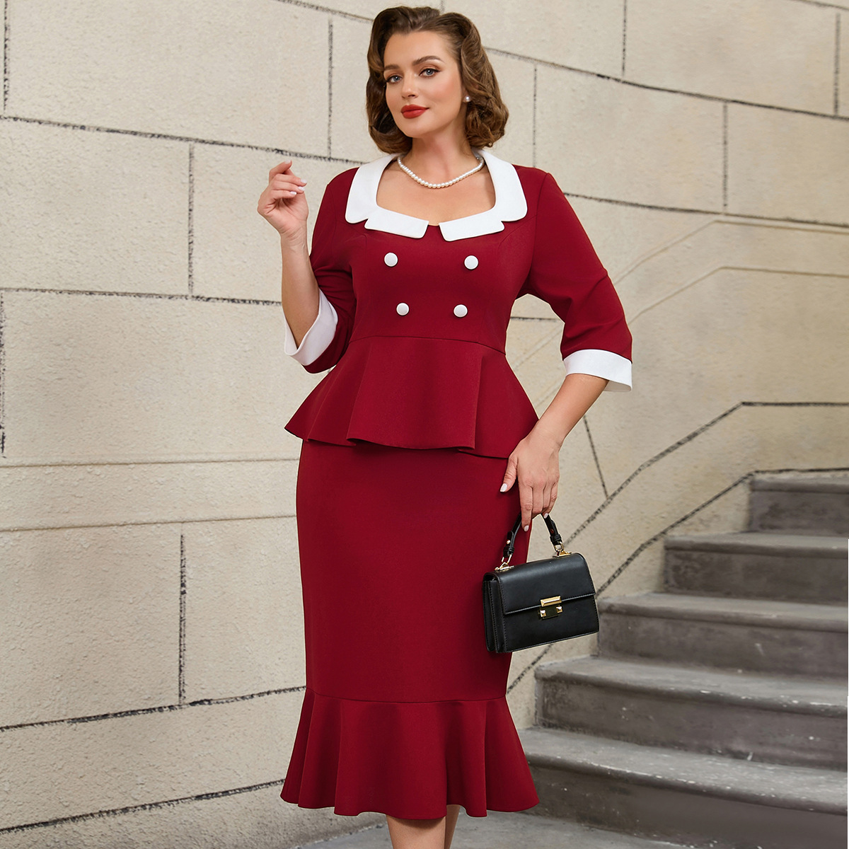 European and American plus size ruffled edge meat blocking women's top dress, slimming and high waisted fishtail skirt, two piece set