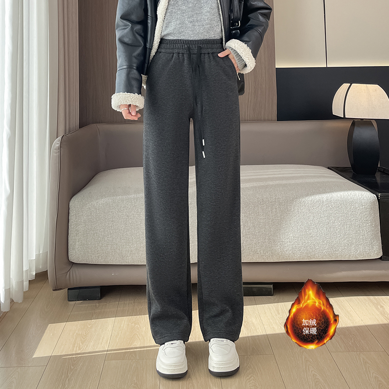 Lamb wool thickened warm wide leg pants for women in winter 2025, casual versatile OL commuting temperament, elastic casual pants