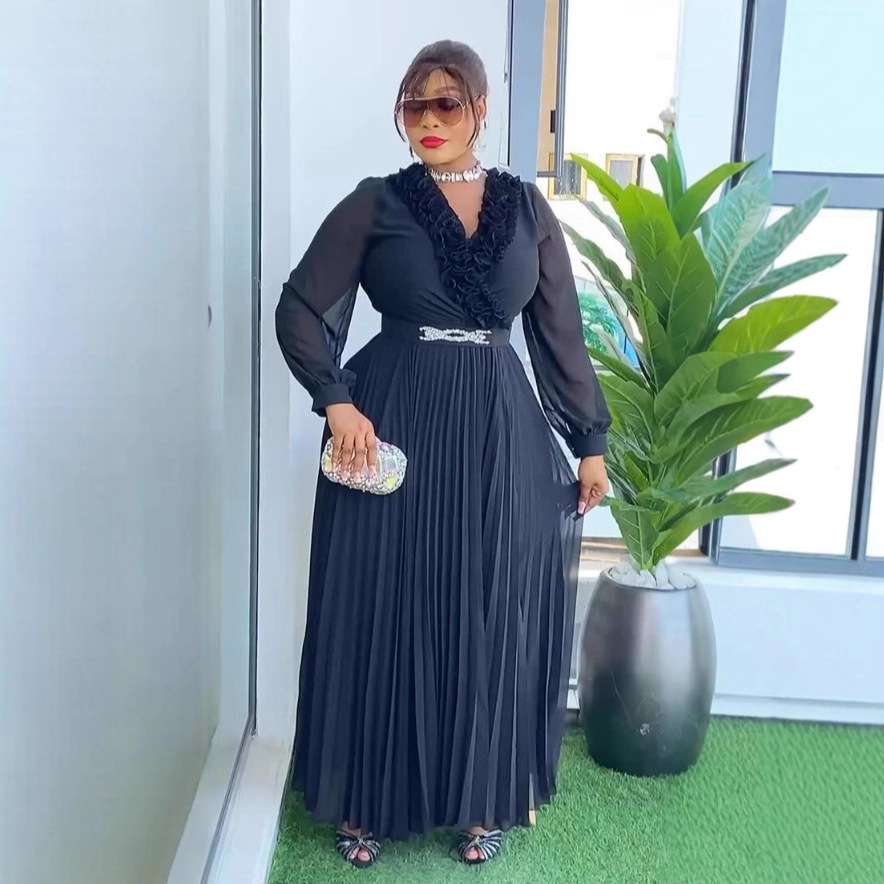 Oversized women's black fungus trimmed V-neck pleated long dress with diamond studded waist belt, elegant banquet dress Dresses