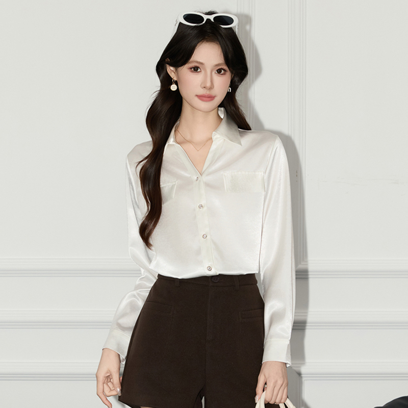 2025 Fashion Simple Temperament Single breasted Shirt Small Shirt Women's Early Autumn Design Sense High end Acetate Satin Shirt 2025 Fashion Simple Temperament Single breasted Shirt Small Shirt Women's Early Autumn Design Sense High end Acetate Satin Shirt