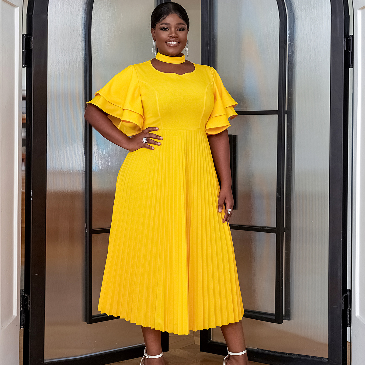 AM030532 European and American personalized hollow collar pleated skirt elegant wind lotus leaf edge flared sleeve dress dresses