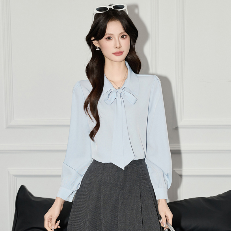 Lace up shirt, women's 2025 autumn new design, niche temperament, casual versatile, solid color long sleeved shirt Lace up shirt, women's 2025 autumn new design, niche temperament, casual versatile, solid color long sleeved shirt