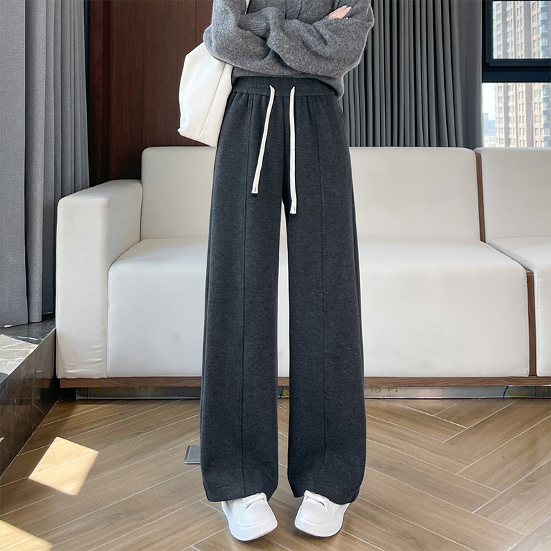 Drawstring elastic waisted casual pants for women in autumn and winter of 2025, versatile OL, simple temperament with thick velvet and wide leg pants