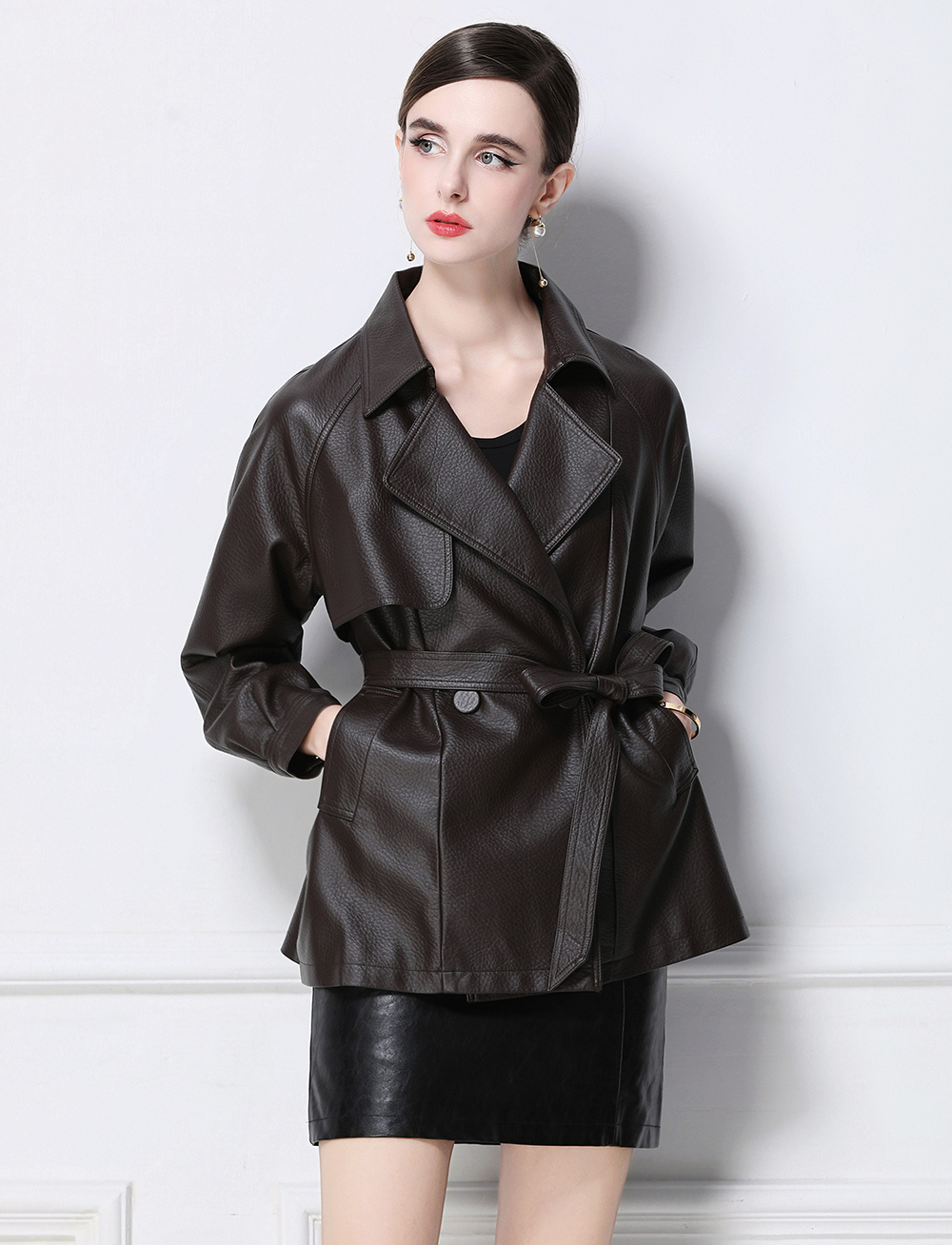 Realistic photo of retro PU leather mid length leather jacket 905 on the European station Realistic photo of retro PU leather mid length leather jacket 905 on the European station