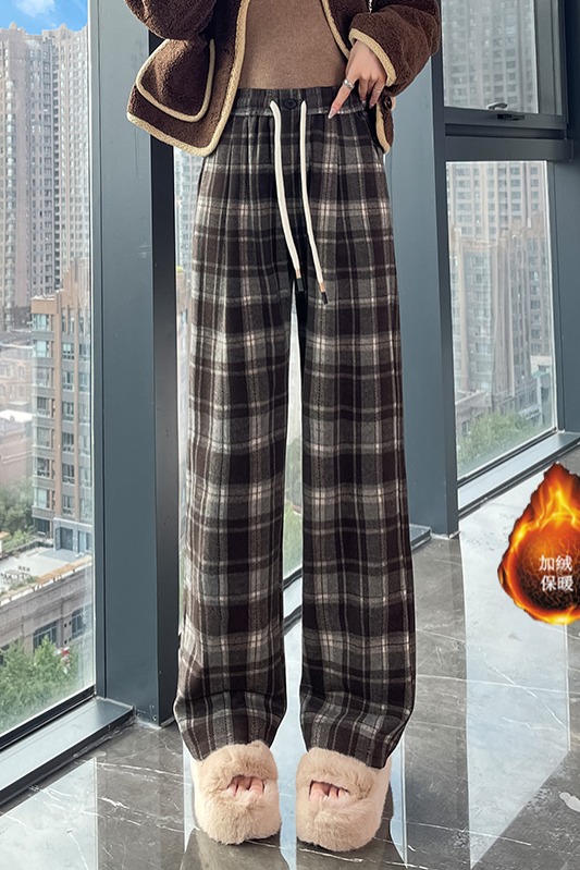 Vintage plaid casual pants for women in the autumn and winter of 2025, fashionable and stylish, versatile, elastic waisted wide leg pants Vintage plaid casual pants for women in the autumn and winter of 2025, fashionable and stylish, versatile, elastic waisted wide leg pants