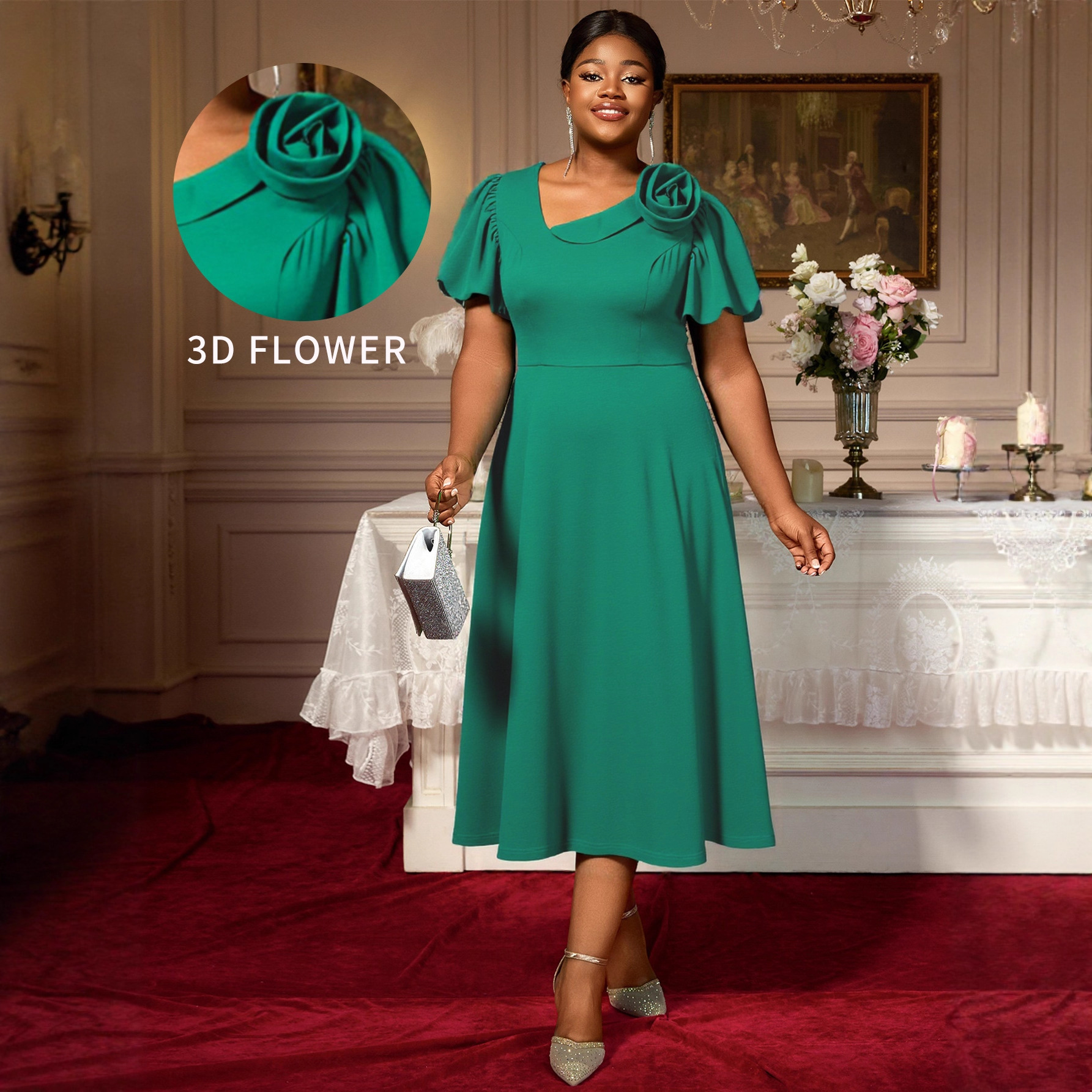 Oversized women's bubble sleeve diagonal V-neck dress with one shoulder three-dimensional flower elegant wedding party dress Dresse