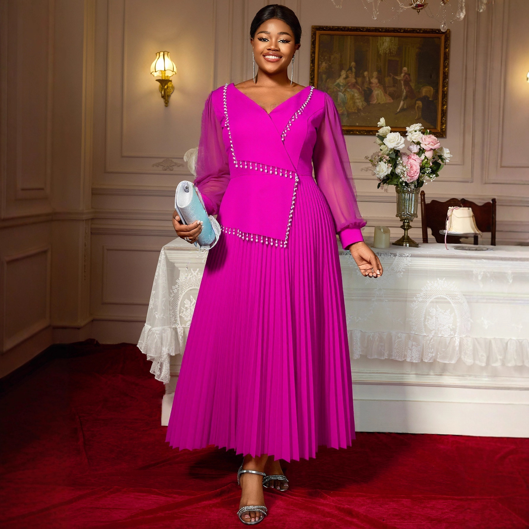 Oversized women's purple red V-neck pleated long skirt with transparent long sleeves, elegant dress design, Dresses