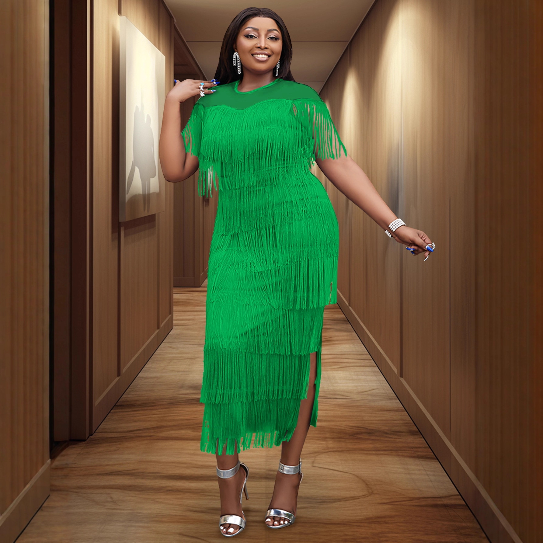 New plus size 200 pounds fat mm round neck see through side slit cocktail party tassel dress women's dress