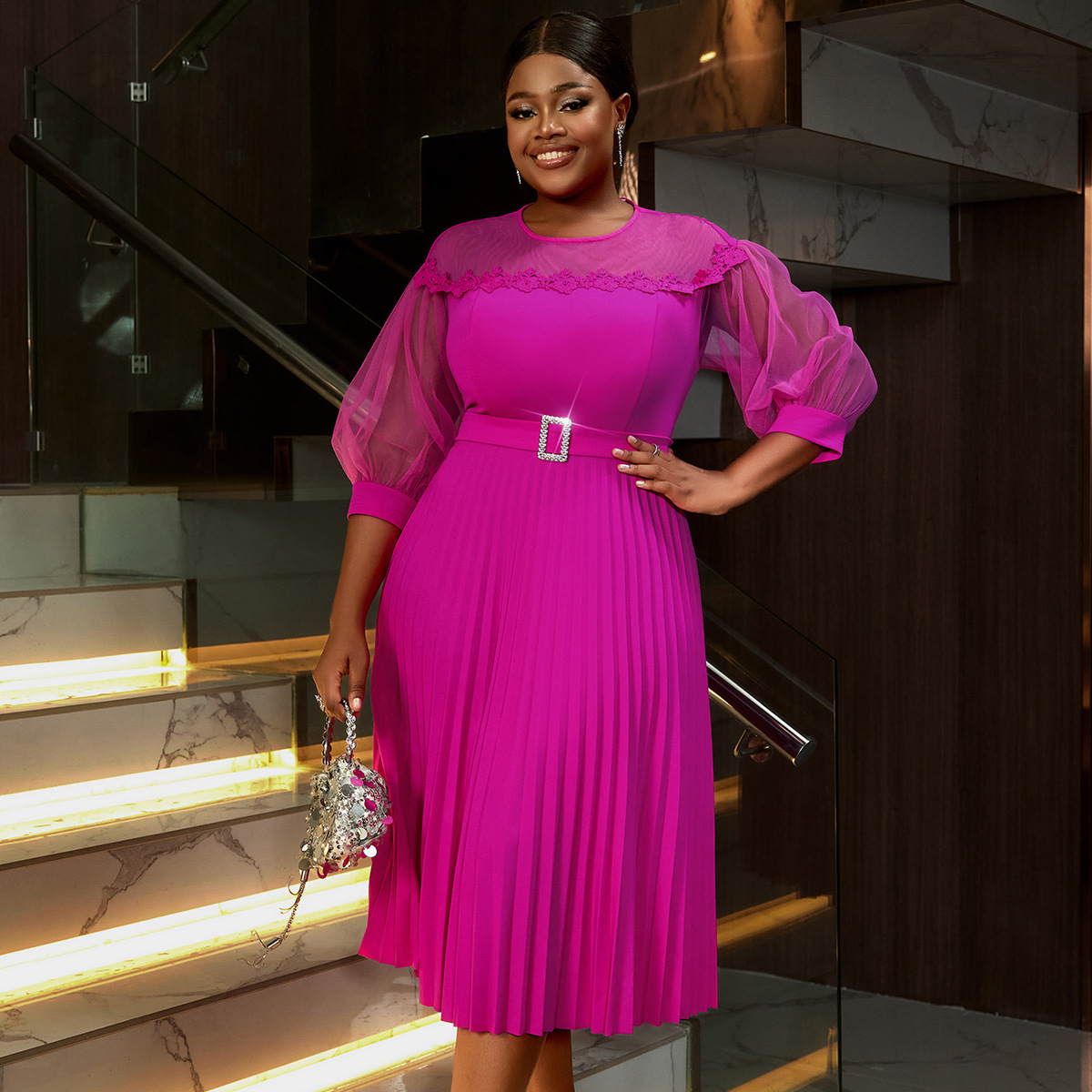 AM041135 slimming mesh spliced lantern dress party party party party A-line pleated skirt party dress