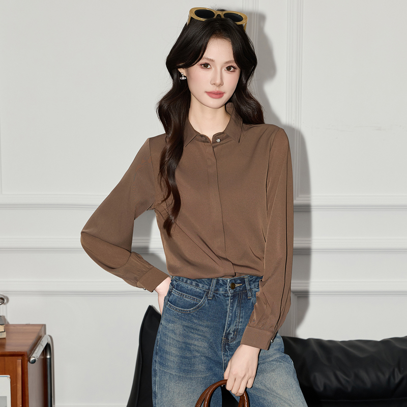 2025 Autumn New Casual Versatile Long Sleeve Shirt for Women's Commuting, Formal, Interior, Bottom Solid Color Shirt, Small Shirt