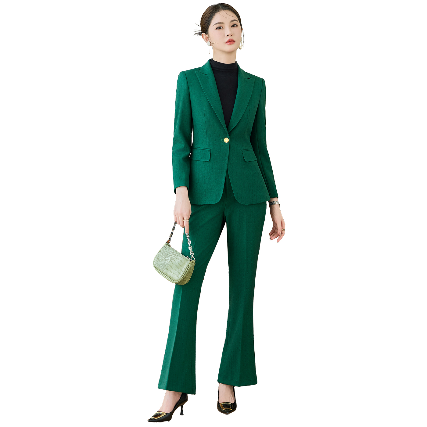 Advanced green striped suit set for women in early autumn 2025, slim fit, one button commuting formal suit, professional work uniform Advanced green striped suit set for women in early autumn 2025, slim fit, one button commuting formal suit, professional work uniform