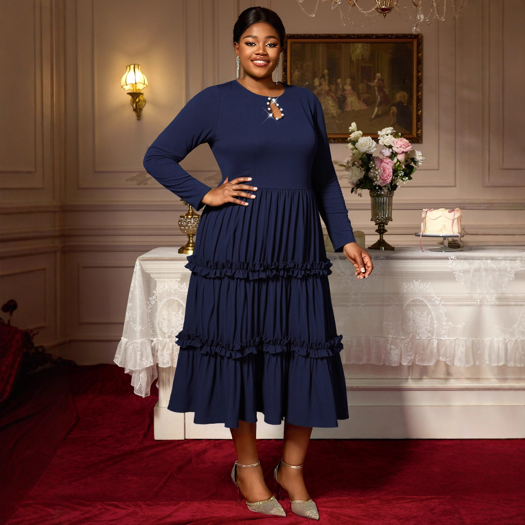 European and American plus size women's autumn round neck hollow knitted long sleeved dress with broken pleats, A-list slimming commuting dress