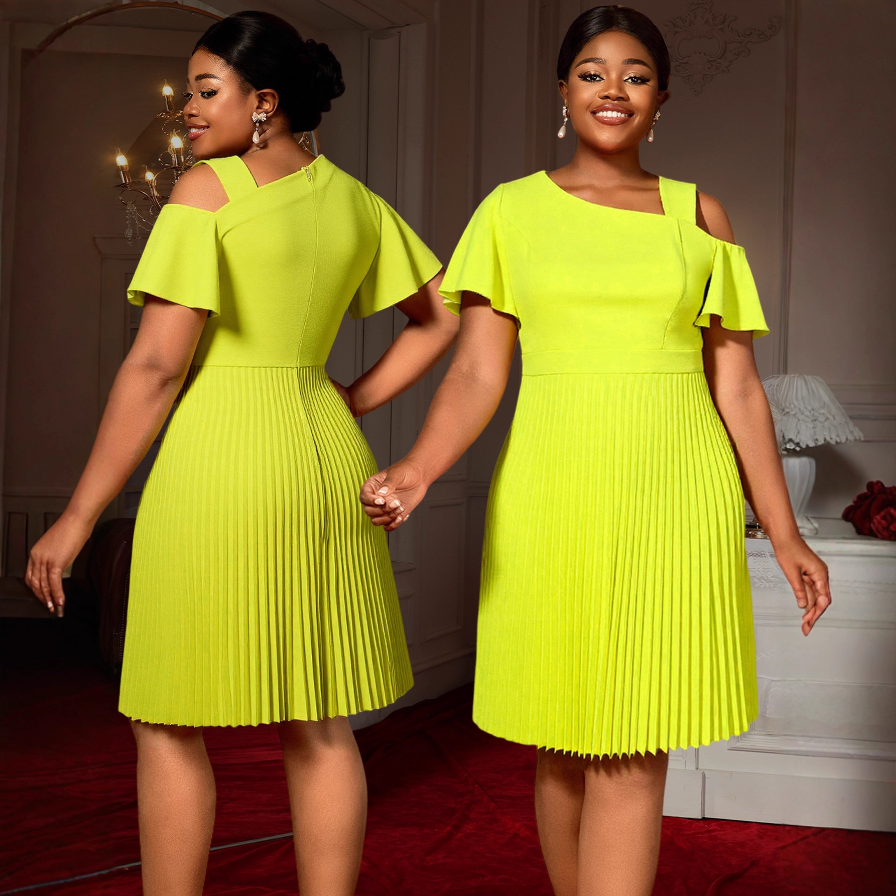 Cross border plus size asymmetrical off shoulder elegant dress with ruffle sleeves and waist cinching, fashionable and energetic pleated skirt, Dresses