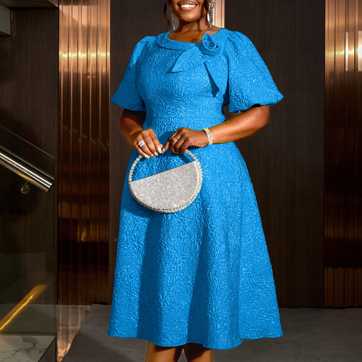 Large New Fashionable Bubble Sleeve High Waist Evening Dress Party Commuting Comfortable Jacquard Dress Dress