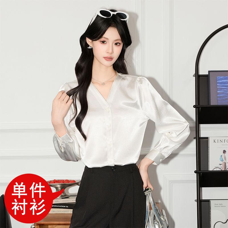 Advanced acetic acid satin purple shirt for women in early autumn 2025, new design with a niche temperament, V-neck shirt Advanced acetic acid satin purple shirt for women in early autumn 2025, new design with a niche temperament, V-neck shirt