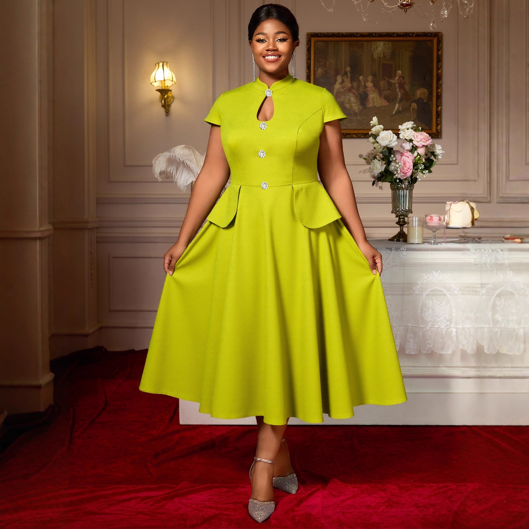 Cross border plus size solid color hollow out short sleeved dress with stand up collar, large A-line, elegant evening dress, Dress party Cross border plus size solid color hollow out short sleeved dress with stand up collar, large A-line, elegant evening dress, Dress party