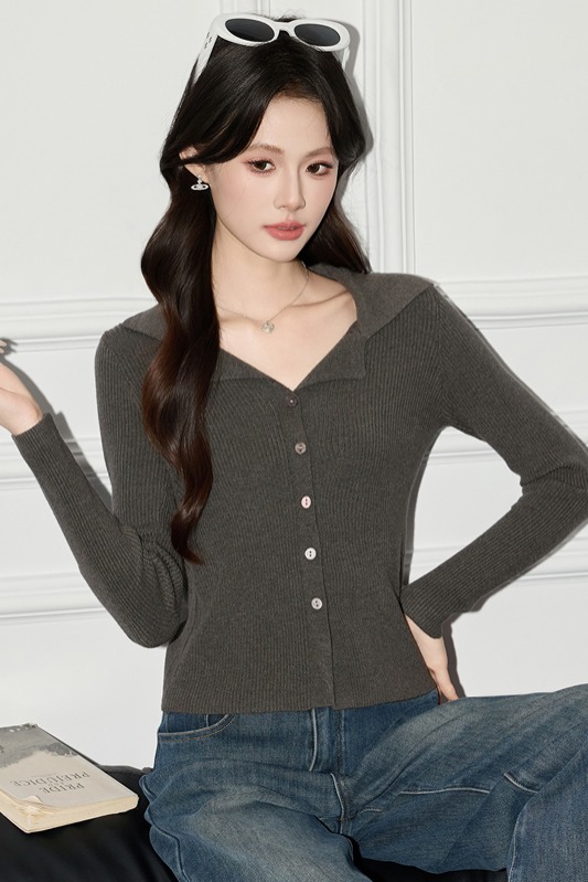 French polo collar knitted sweater for women's autumn 2025 new design, niche slim fit sweater top French polo collar knitted sweater for women's autumn 2025 new design, niche slim fit sweater top