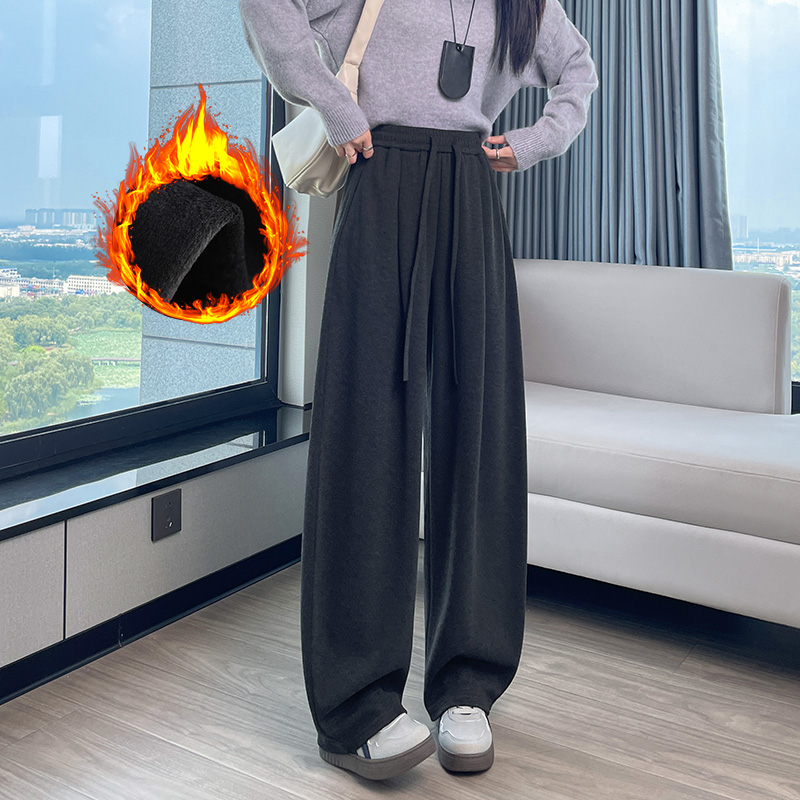 Women's autumn and winter new fashionable, simple and versatile casual wide leg pants with added velvet, thickened insulation and elastic waistband Women's autumn and winter new fashionable, simple and versatile casual wide leg pants with added velvet, thickened insulation and elastic waistband
