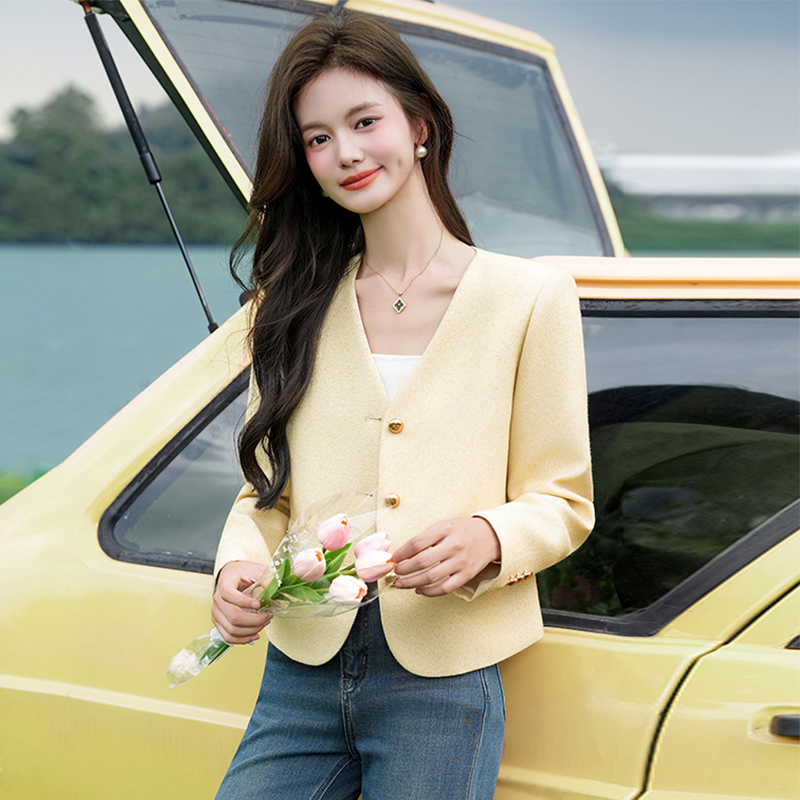 Socialite temperament, small stature, V-neck short jacket, women's early autumn new style, fashionable, western-style, casual, versatile, small fragrant style top Socialite temperament, small stature, V-neck short jacket, women's early autumn new style, fashionable, western-style, casual, versatile, small fragrant style top