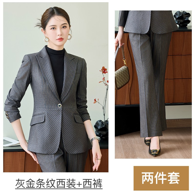 Temperament women's professional work clothes striped suit jacket 2025 autumn decoration one button commuting formal suit set Temperament women's professional work clothes striped suit jacket 2025 autumn decoration one button commuting formal suit set