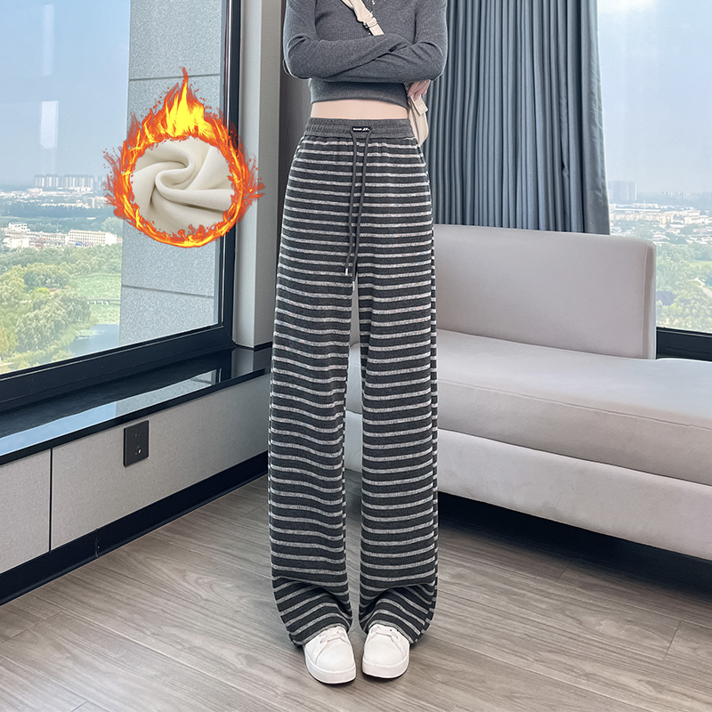Velvet thickened temperament striped long pants for women in autumn and winter 2025, with a niche and casual design, versatile and elastic waisted wide leg pants