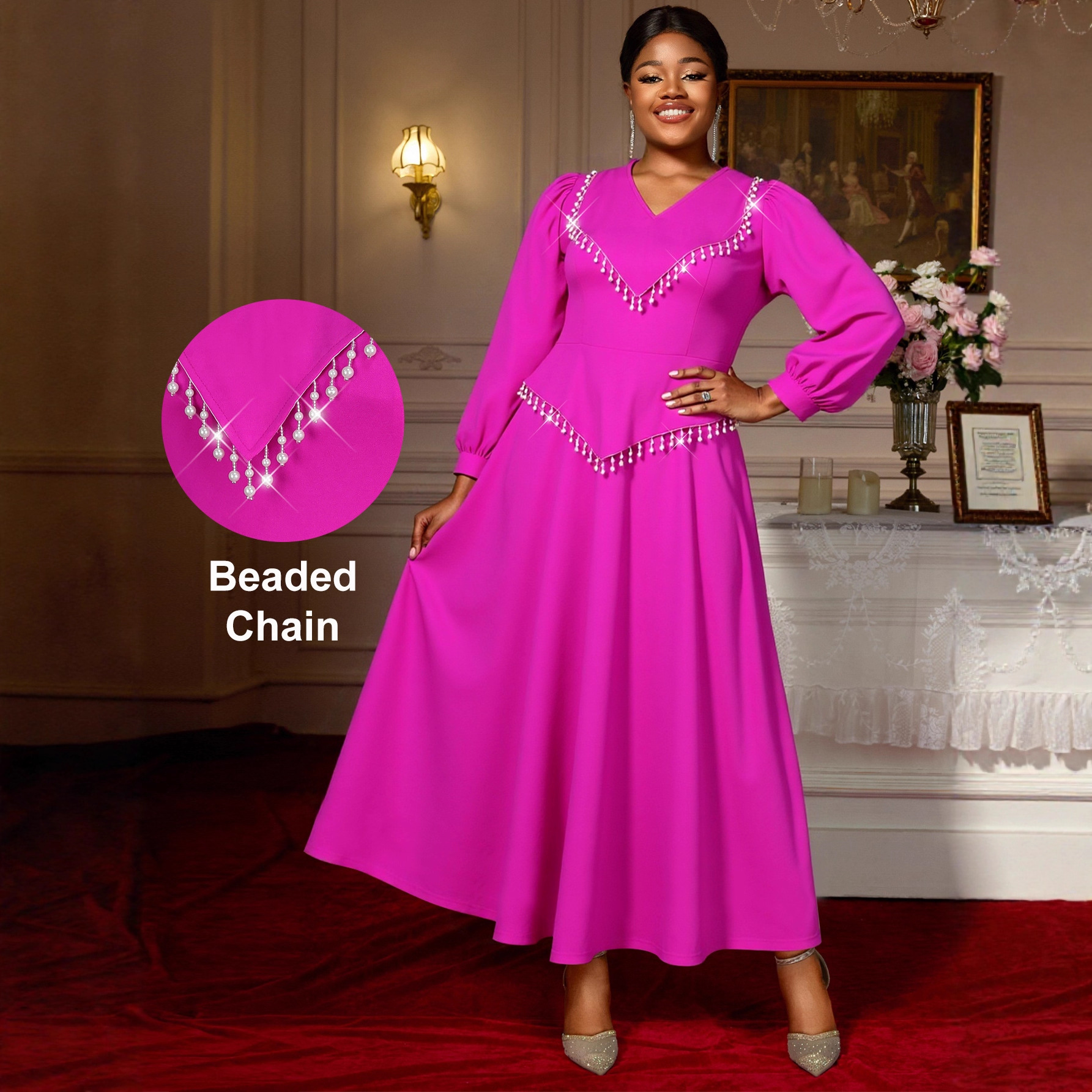 Large size women's rose red hanging bead tassel long sleeved elegant temperament dress V-neck fashionable party A dress