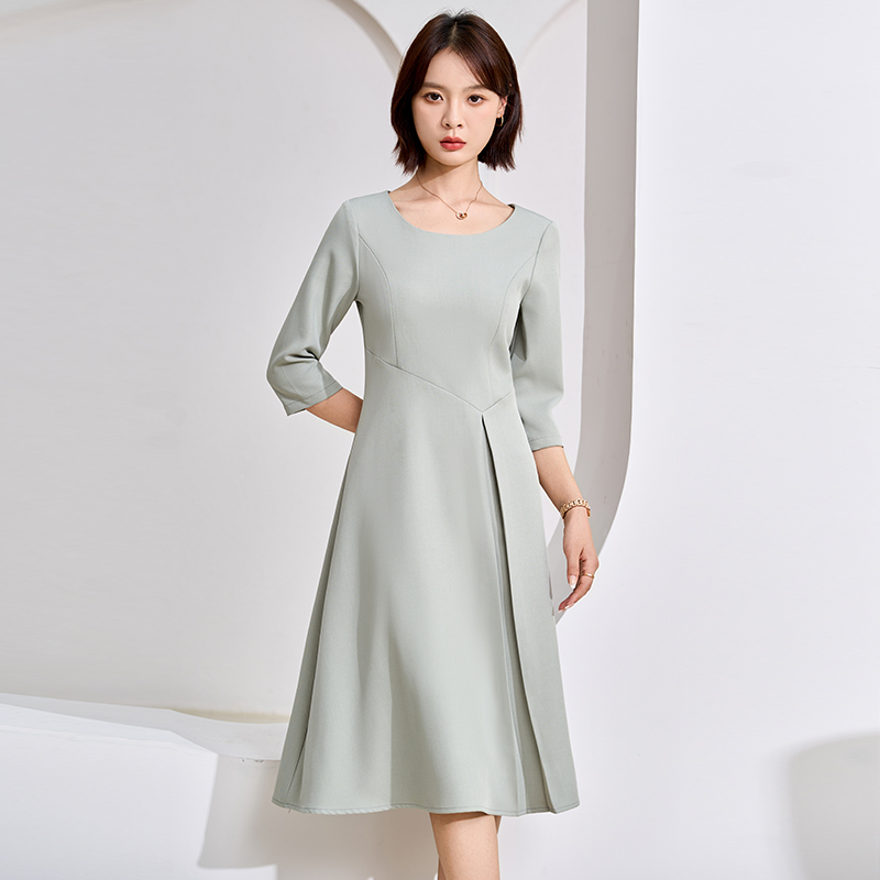 Temperament round neck A-line dress for women 2025 autumn harvest, waist slimming, temperament goddess style commuting versatile mid sleeved dress