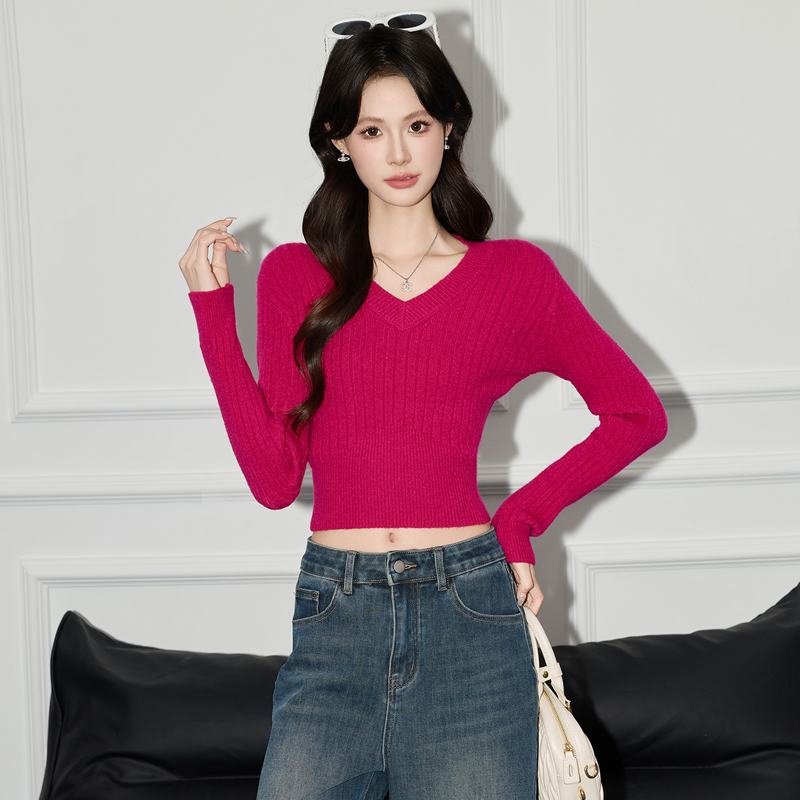 High waisted short sweater women's 2025 autumn outfit new slim fit and slimming temperament small casual versatile V-neck top