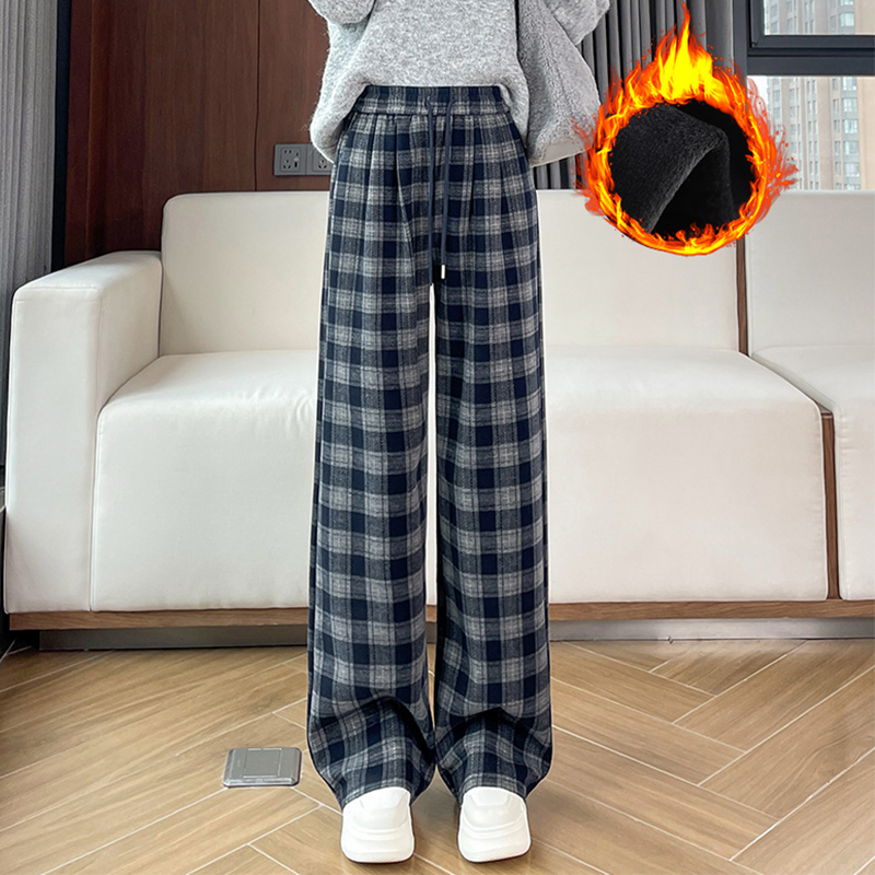 Casual plaid wide leg pants for women in autumn and winter 2025, with a niche design and versatile temperament. Casual pants with thick velvet for warmth